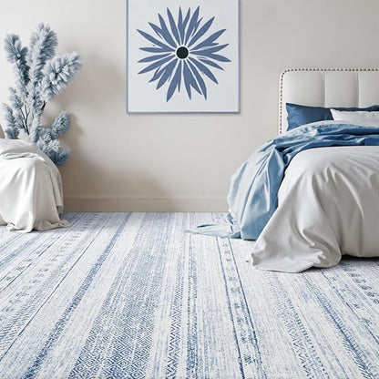 9x12 Area Rugs for Living Room Machine Washable Rug Distressed Indoor Carpet Neutral Moroccan Boho Rug Ultra Soft Area Rug for Bedroom Dining Room Playroom Office, Blue