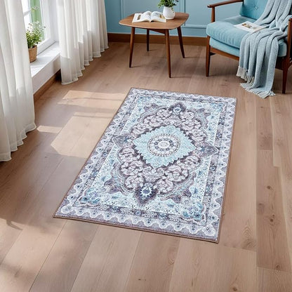 2x3 Small Area Rug for Entryway, Soft Washable Rugs with Non-Slip Backing for Bedroom Kitchen, Vintage Throw Carpet Laundry Entry Door Decor, Blue & Brown