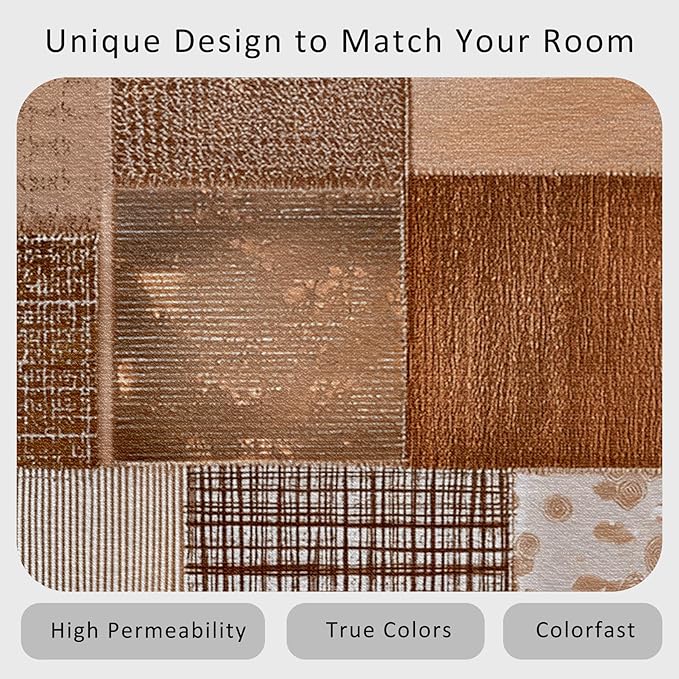 Patchwork Rug, Washable 6x9 Rug for Living Room, Geometric Brown Patterned Indoor Carpet, Patchwork Decor for Home, Bedroom, Soft Non Slip Thin Design FER11