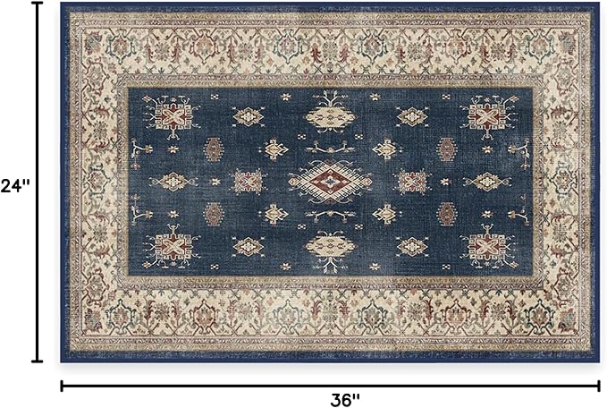 RUGGABLE Washable Vintage Area Rug – Verena Sapphire 2x3, Stain-Resistant, Non-Slip – Small Machine Washable Rugs for Living Room, Bedroom, Hallway, Entryway & Bathroom–with Cushioned Pad