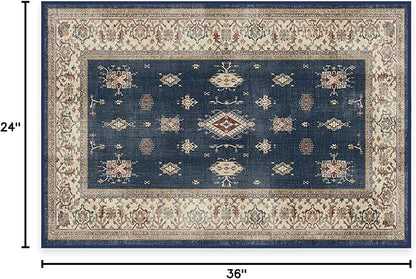 RUGGABLE Washable Vintage Area Rug – Verena Sapphire 2x3, Stain-Resistant, Non-Slip – Small Machine Washable Rugs for Living Room, Bedroom, Hallway, Entryway & Bathroom–with Cushioned Pad