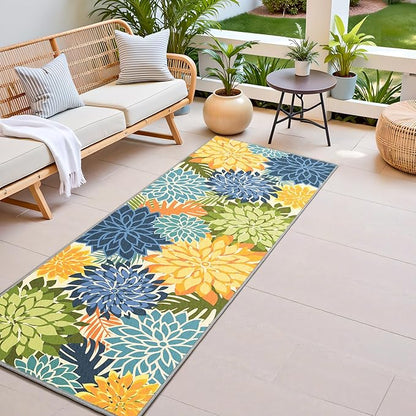 Colorful 2x6 Washable Runner Rug for Hallway Tropical Botanical Modern Floral Chenille Kitchen Rugs Low Pile Non Slip Carpet for Patio, Bedroom, Laundry, Green