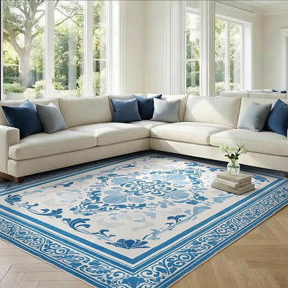 SOULFUL Medium Pile 3x5 Area Rug - Soft Foot Feel Small Entryway Rug - Blue Boho Floral - Washable Non-Slip - Perfect for Living Room Bedroom Foot Kids Room Reading Nook