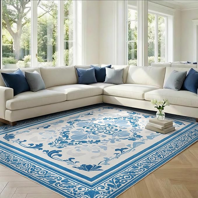 SOULFUL Medium Pile 2x3 Entryway Rug - Soft Foot Feel Small Area Rug - Blue Boho Floral - Washable Non-Slip - Perfect for Hallway Kitchen Bedroom Bathroom Indoor Entrance