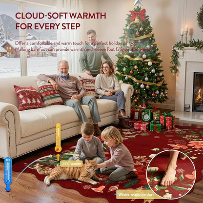 Lahome Floral Christmas Rugs for Living Room, 5x7 Christmas Area Rug for Bedroom Large Washable Carpet, Soft Stain Resistance Xmas Tree Carpets for Under Table Dining Room, Red