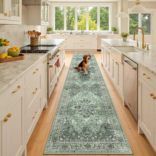 Area Rugs 2'x10' Washable Non-Slip, Floral Vintage Distress Print Pattern Medallion Carpet for Living Room Bedroom Dining Room, Dark Green Gray