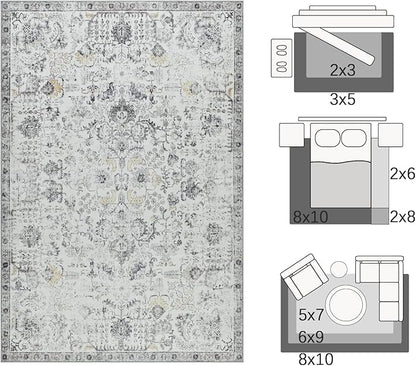 jinchan Kalen Runner Rug 3x8 Washable Area Rug Soft Vintage Indoor Floor Cover Thin Retro Distressed Grey Multi Carpet Floral Print Country Non Slip for Bathroom Kitchen Bedroom Living Room