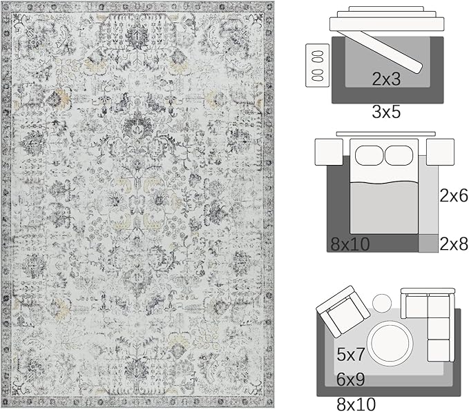 jinchan Kalen Area Rug 4x6 Washable Bedroom Rug Soft Vintage Indoor Thin Retro Distressed Floor Cover Grey Floral Country Boho Non Slip Carpet Living Room Kitchen Office Dining Room