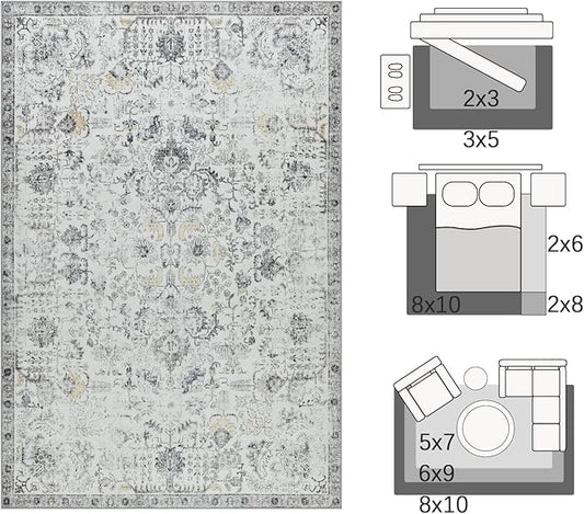 jinchan Area Rug 8x10 Washable Living Room Rug Soft Vintage Indoor Thin Retro Distressed Floor Cover Grey Floral Country Boho Rug Non Slip Carpet for Bedroom Office Dining Room