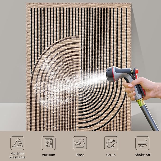 Tangsoo Rainbow Easy Jute Rug 8x10 Washable Rugs for Living Room,Black Non Slip Carpet,Outdoor Patio Area Rug Farmhouse Modern Office Mat for Backyard Dining Room Bedromm