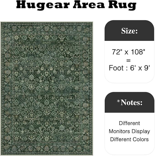 HUGEAR 6x9 Machine Washable Rugs Dark Green Hallway Large Area Rug Indoor Accent Rug Floral Low Pile Carpet Soft Throw Aesthetic Rug Bedroom Living Room Office Dining Room Kitchen Laundry Room