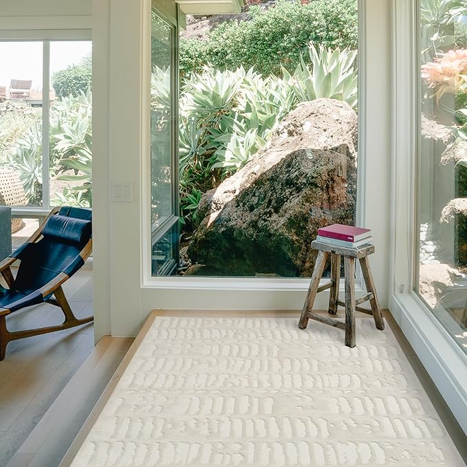 Revival Rugs Shell 3'11"x6'1" Machine Washable Area Rug for Kitchen Bedroom - 100% Recycled Oeko-TEX Certified, Medium Pile, Beige, Cream