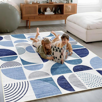 MUJOO Blue Rug Boho Washable,4x6.5 Area Rugs for Bedroom Entryway Living Room Bedside,Small Throw Floor Carpet Non Slip Soft Indoor Modern Abstract Navy Blue