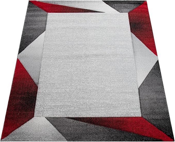 Paco Home Modern Area Rug Bordered with Geometric Pattern Red Grey with Contour Cut, Size: 2'8" x 4'11"
