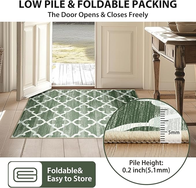 Area Rug 4x6, Moroccan Trellis Print Carpet, Machine Washable Non-Slip Rugs for Living Room, Bedroom, Dining Room & Entryway, Green