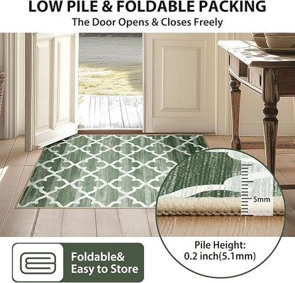 Area Rug 4x6, Moroccan Trellis Print Carpet, Machine Washable Non-Slip Rugs for Living Room, Bedroom, Dining Room & Entryway, Green
