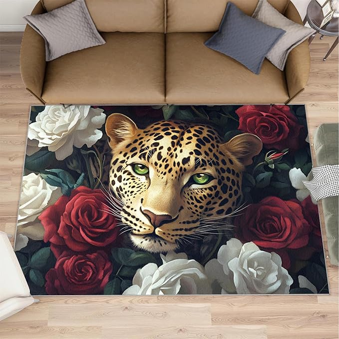 Leopard Rugs for Bedroom - 6x8 Area Rug - Flowers Leopard Rugs for Living Room, 3D Flowers Animal Rug, Washable Home Decor Carpet
