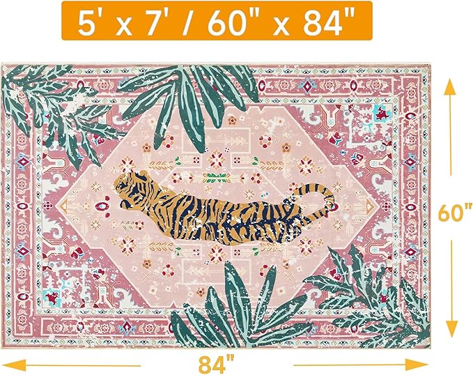 Pink Rug 5x7 Large Washable Animal Print Rug Non-Slip Tropical Jungle Indoor Carpet for Bedroom Nursery Dorm Kitchen Living Room Decor