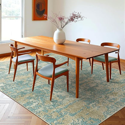 WITSHOCK Living Room Area Rugs 6x9：Modern Abstract Machine Washable Large Rug for Bedroom Dining Room Non-Slip Stain Resistant Home Office Decor,Teal Brown