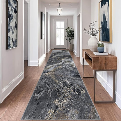 Abstract 2x8 Runner Rug: Modern Washable Rug for Entryway Hallway Bedside Kitchen Indoor - Non Slip Thin Low Pile - Black Gold