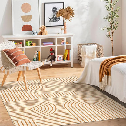 Washable Area Rug 5x7 - Boho Living Room Rug Soft Bedroom Rug Ultra-Thin Orange Modern Abstract Rainbow Dining Room Rugs Indoor Carpet for Living Room Nursery Room Home Decor