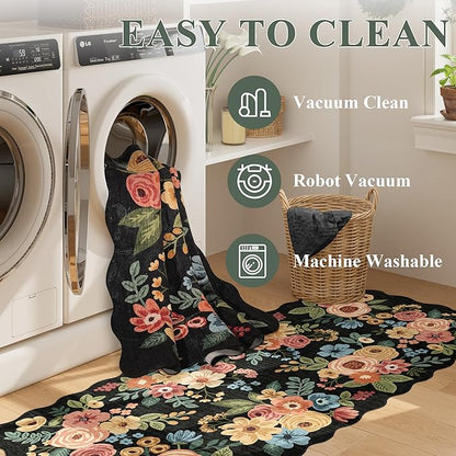DUKINO 8x10 Area Rug, Floral Washable Rugs for Living Room with Non Slip Backing & Non-Shedding, Lightwight Low Pile Boho Design Large Carpets for Bedroom, Living Room, Dining Room, Black