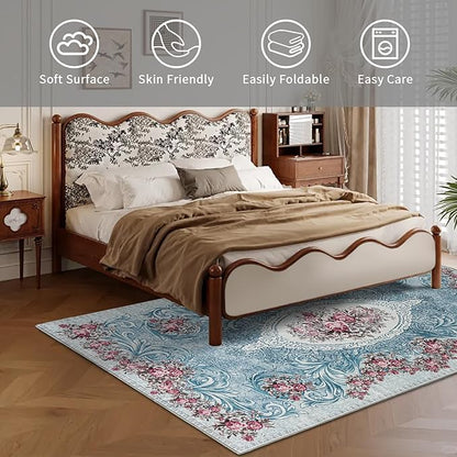 Easy-Going Area Rug 4x6 Washable Floral Rugs for Living Room Non-Slip Bedroom Rug Low Pile Lightweight Retro Flowers Throw Rug for Dining Room Kitchen Home Office Carpet, Teal Red