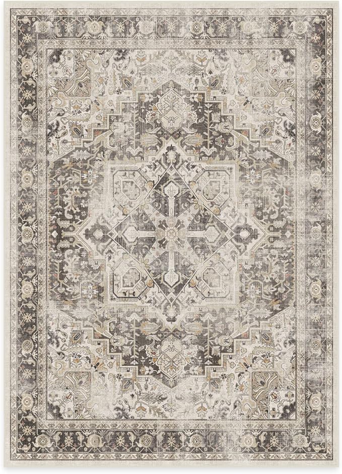 RUGGABLE Washable Vintage Area Rug – Kamran Hazel 5x7, Stain-Resistant, Non-Slip – Medium Machine Washable Rugs for Living Room, Bedroom, Hallway, Entryway & Office–with Cushioned Pad