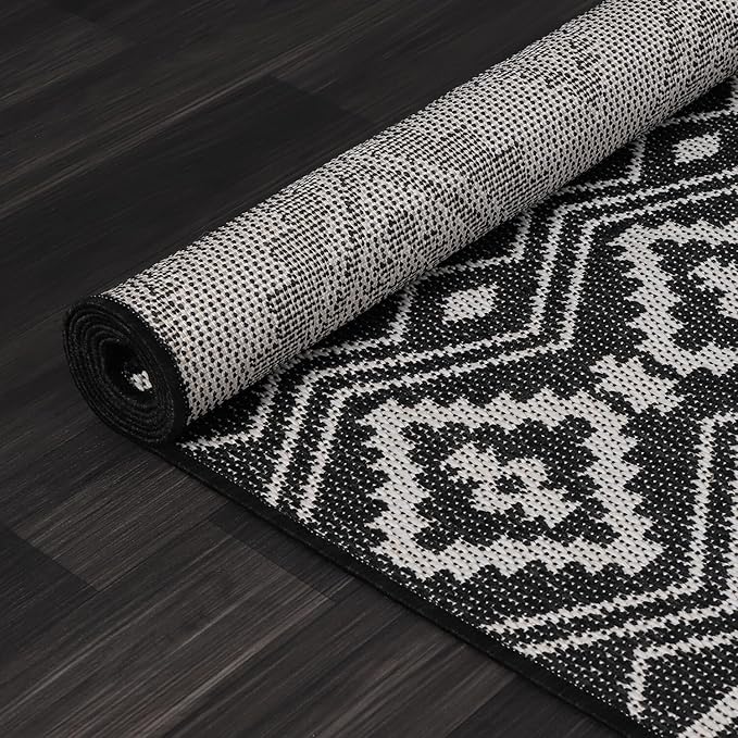 Beverly Rug Waikiki Boho Indoor Outdoor Rug 8x10, Washable Outside Carpet for Patio, Deck, Porch, Bohemian Area Rug, Farmhouse Rugs, Aztec Tribal Rug, Black and White