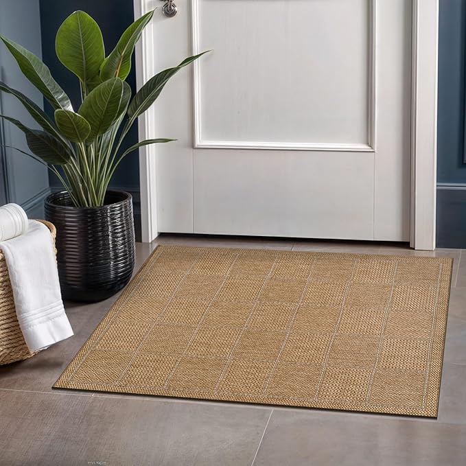 Beverly Rug Easy Jute Checkered Squared Entry Rug 2x3 Washable Durable Indoor Outdoor Area Rugs for Living Room Patio Office Stain Resistant Non Shedding Casual Indoor Outside Carpet 2 x 3 Natural