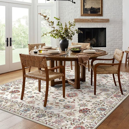 Washable Area Rug 5x8 - Boho Living Room Rug Soft Farmhouse Bedroom Rug Ultra-Thin Cream Colorful Vintage Traditional Floral Dining Room Rugs for Under Table Indoor Carpet for Living Room