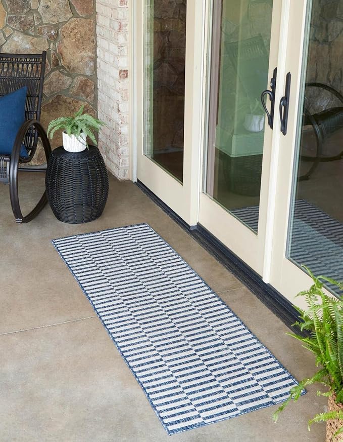 Unique Loom Outdoor Striped Collection Area Rug - Striped (2' x 8' Runner Blue/Ivory)