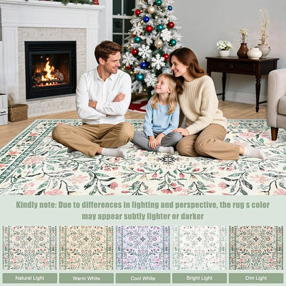 Area Rugs 9x12 Living Room: Floral Washable Rug Vintage Large Soft Boho Non-Slip Carpet Indoor Stain Resistant Low Pile Carpets for Bedroom Dining Room Farmhouse Nursery Home Office Green Beige