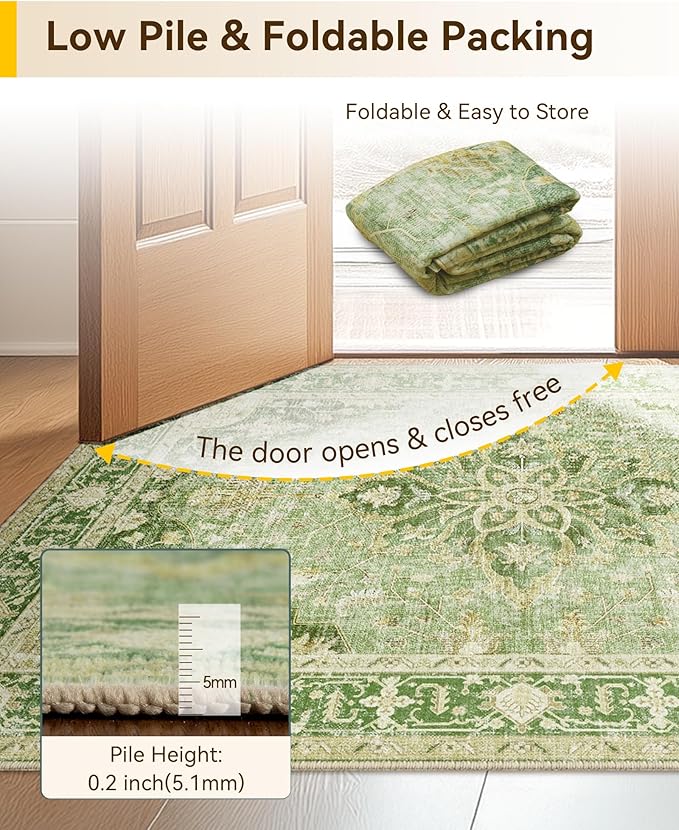 Area Rugs 2'x4' Washable Non-Slip, Floral Vintage Distress Print Pattern Medallion Carpet for Living Room Bedroom Dining Room, Sage Green Yellow