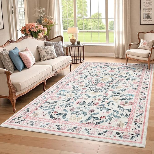 GarveeHome Washable Rug 6 x 9, Low Pile Farmhouse Floral Rug, Non-Shedding Indoor Foldable Printed Carpet Non-Slip Soft Vintage Throw for Bedroom Dining Room Kitchen, Pink