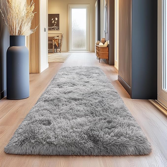 Ultra Soft Fluffy Rugs for Bedroom, Anti-Skid Indoor Carpet Nursery Rugs for Kids Room Home Decor, Rectangular Fuzzy Rug Tie-Dyed Light Grey 2x6Feet