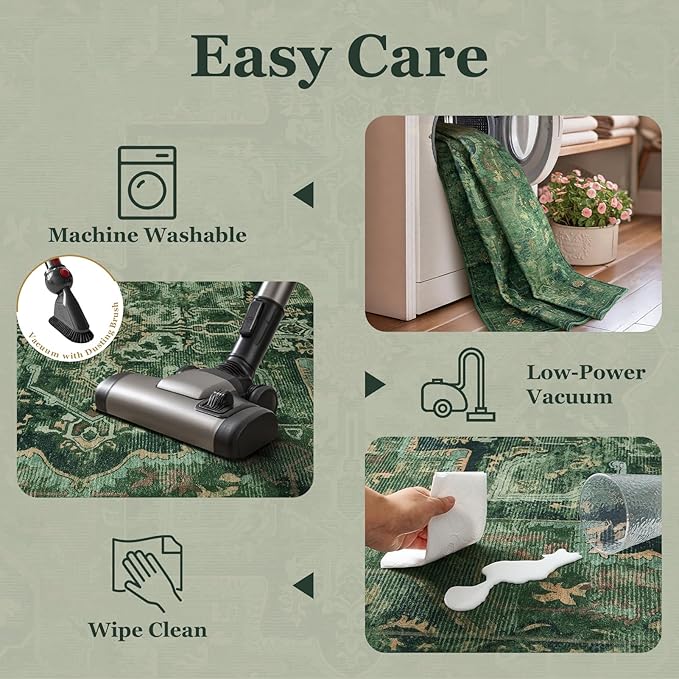 Vintage Dark Green Area Rugs 5x7 for Living Room, Tranditional Distressed Medallion Printed Low Pile Thin Rugs for Bedroom, Non Slip Washable Carpet Rugs for Dining Room/Kitchen/Home Office