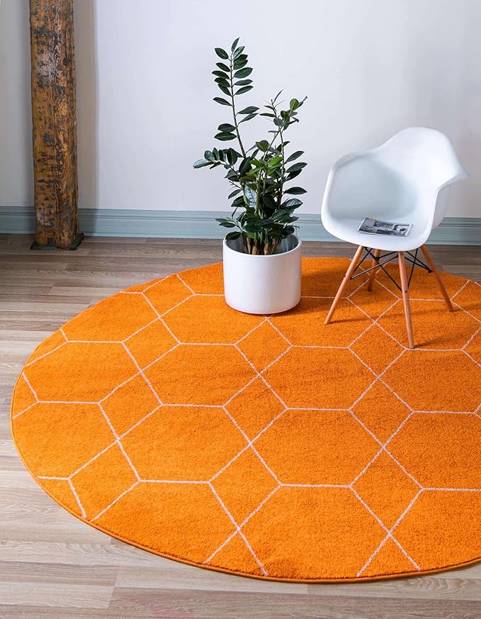 Unique Loom Trellis Frieze Collection Area Rug - Geometric (4' 1" Round, Orange/ Ivory)