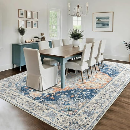 Area Rugs 5x7, Low Pile Washable Rugs, Soft Vintage Distressed Rugs for Bedroom, Living Room, Dining Room, Water Repellent, Non Shedding, Blue and Orange