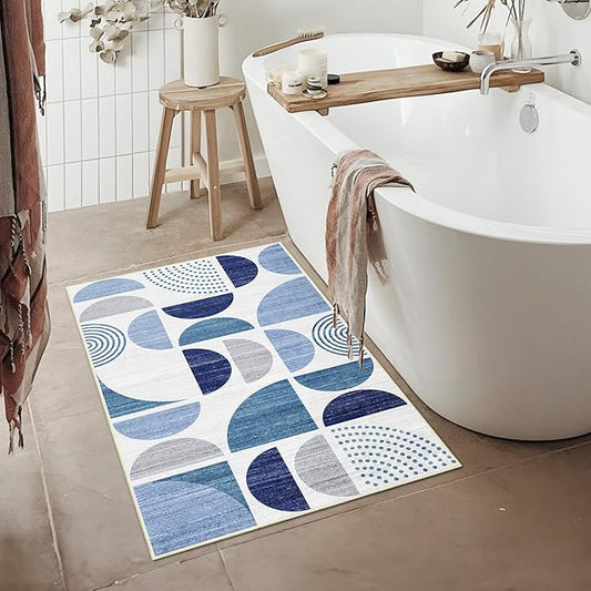MUJOO Blue Small Rug Washable,2x3 Area Rugs for Entryway Bathroom Entry Entrance Bedroom Kitchen,Front Door Mat Boho Throw Carpet Non Slip Indoor Soft Modern Abstract Navy Blue