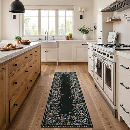 Lahome Boho Floral 2x6 Black Bathroom Runner Rugs Non Skid Washable, Rug Runners for Hallways Non Slip Kitchen Carpet Runner, Soft Runners for Entryway Laundry Bedroom(2x6ft,Black)