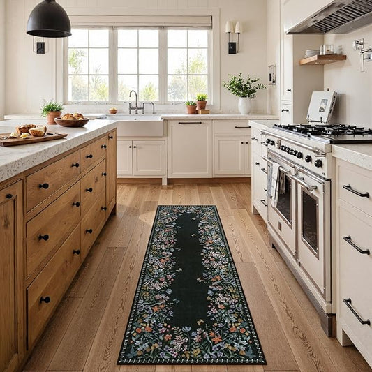 Lahome Boho Floral 2x6 Black Bathroom Runner Rugs Non Skid Washable, Rug Runners for Hallways Non Slip Kitchen Carpet Runner, Soft Runners for Entryway Laundry Bedroom(2x6ft,Black)