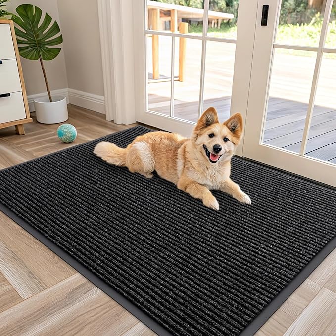 OLANLY Front Door Mat Indoor Outdoor Entrance, Waterproof Heavy Duty Doormat, Fade Resistant, Low Profile, Easy Clean Patio Porch Welcome Floor Mats for Entry, 47x32, Off-Black