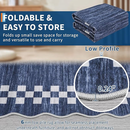 GarveeHome Washable Rug 5x7 for Living Room Large Bedroom Scalloped Rug Non Slip Stain Resistant Modern Border Throw Carpet Soft Boho Rug for Dining Room Nursery Home Office, Blue
