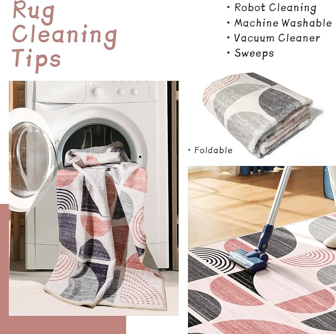 MUJOO Pink Runner Rug Washable,Boho 2x8 Area Rugs for Hallways Kitchen Bedroom Entryway Bathroom,Non Slip Carpet Long Mat Indoor,Soft Modern Abstract Pink and Grey