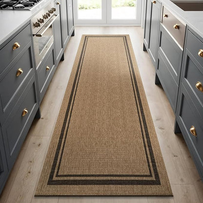 Beverly Rug Easy Jute Bordered Runner Rug 2x7 Washable Durable Indoor Outdoor Area Rugs for Living Dining Room Patio Office Stain Resistant Non Shedding Casual Indoor Outside Carpet 2 x 7 Natural