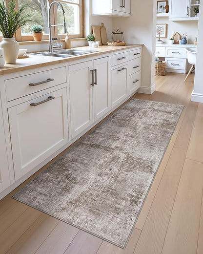 DEXI Hallway Runner Rug 3x8, Modern Abstract Non Slip Thin Soft Runners Carpet, Stain Resistant Washable Indoor Rug for Hallway Entryway Kitchen Laundry Room Living Room, Red Brown