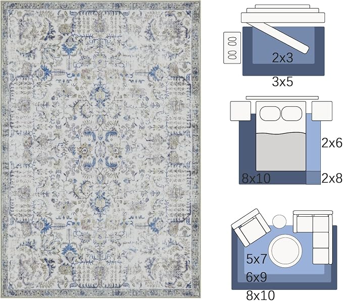 jinchan Kalen Runner Rug 3x10 Washable Area Rug Soft Vintage Indoor Floor Cover Thin Retro Distressed Blue Multi Carpet Floral Print Country Non Slip for Bathroom Kitchen Bedroom Living Room