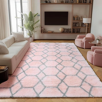 ONASAR Rugs for Living Room Bedroom, 5x8 Washable Fluffy Pink and Grey Area Rug, Geometric Boho Soft Plush Shaggy Fuzzy Floor Carpet for Nursery Kids Girls Boys Teen Dorm Home Decor Aesthetic