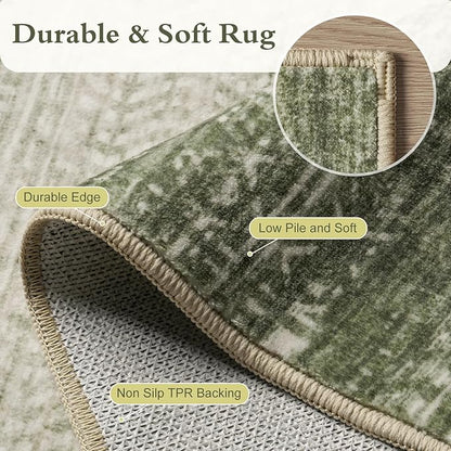 6x9 Area Rugs for Living Room Non Slip Machine Washable Rug Distressed Abstract Soft Indoor Carpet Neutral Boho Rug for Bedroom Dining Room Playroom Office, Green
